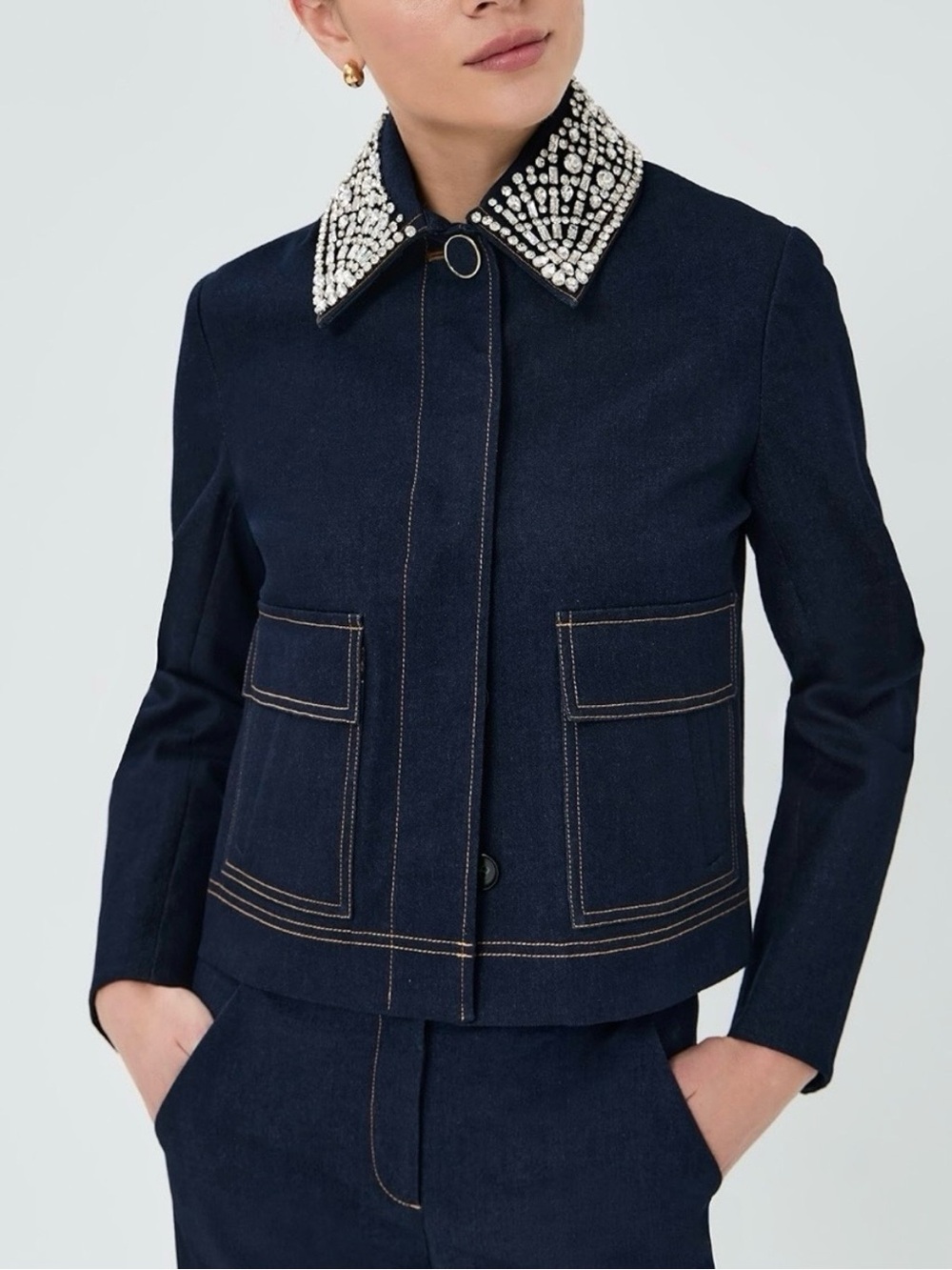Veronica Beard Barrington Embellished Jacket in Midnight Wash Navy Size 10
